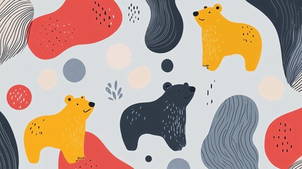 Naklejka premium Bears in swirling abstract forms on a pastel gray background with minimalistic shapes