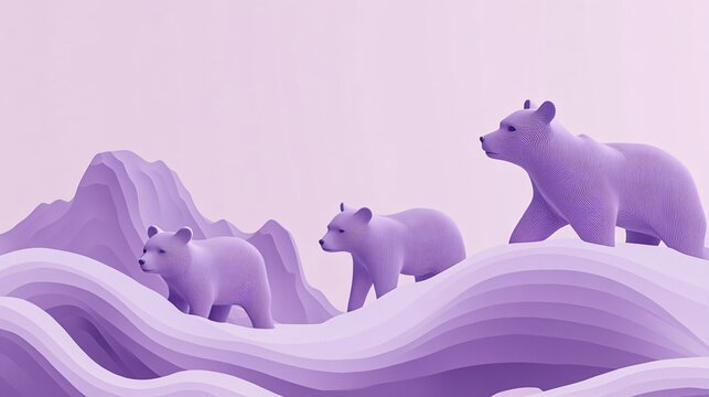 Abstract bears in a minimalistic design on a soft lavender background with wave accents
