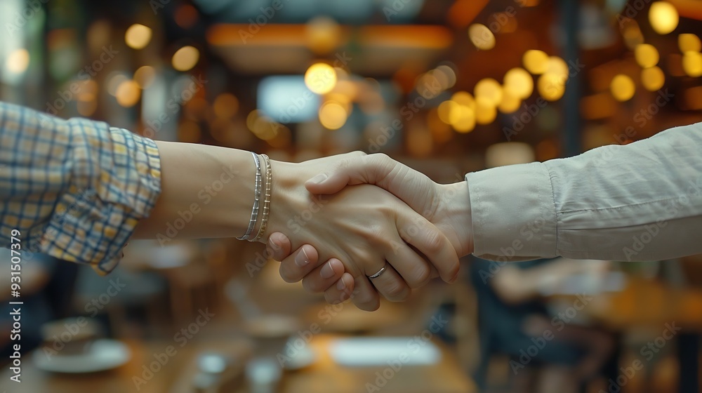 Poster Business people meeting and handshake at cafe for introduction onboarding and remote work opportunity B2b worker or clients shaking hands at coffee shop of group project deal interview : Generative AI