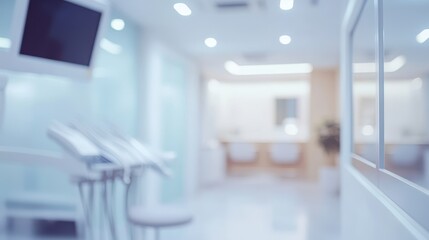 A blurred view of a modern dental clinic interior, showcasing equipment and a clean environment.