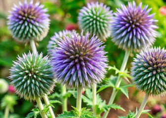 Vibrant globe thistle blossoms with delicate purple petals and prickly stems stand upright against a crisp white background, showcasing their unique beauty.
