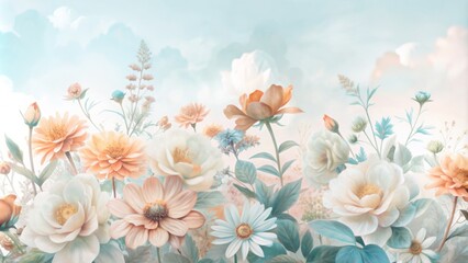 Delicate, hand-drawn watercolor flowers in soft pastel hues adorn a dreamy, ethereal background, evoking a sense of whimsy and romance in this beautiful floral illustration.