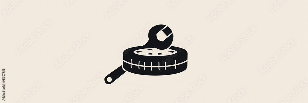 Poster a minimalist logo design showcases a wrench resting on a tire, representing vehicle service and repa
