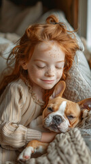 A little cute girl is sitting on the sofa in the living room and holding puppies in her hands.