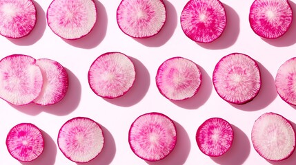Sliced red radishes laid out on a pink background.