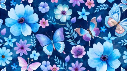 Whimsical watercolor floral prints featuring blooming flowers, budding trees, and playful butterflies in soft pastel hues, evoking a sense of springtime wonder and magic.