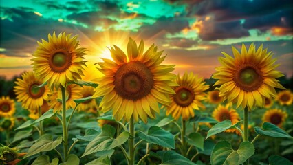 Fototapeta premium Vibrant yellow sunflowers stretch towards the sky, set against a warm orange and pink backdrop as the sun dips below the horizon, casting a golden glow.
