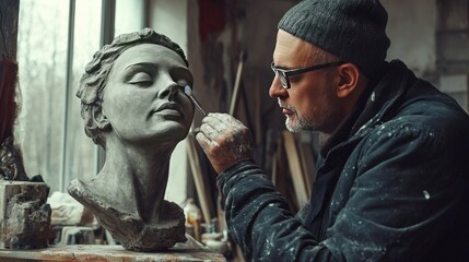 Obraz premium A sculptor works on a clay bust of a woman in his studio, carefully adding details to the face.