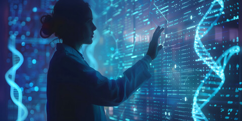 A female scientist in a pristine white lab coat meticulously analyzes  a DNA sequence displayed on a large high-tech digital screen