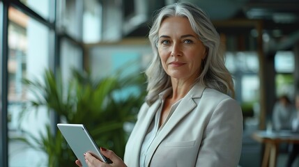 Fototapeta premium Mature busy happy businesswoman bank manager older female corporate executive holding digital tablet standing at work Middle aged professional business woman using tab computer in offi : Generative AI