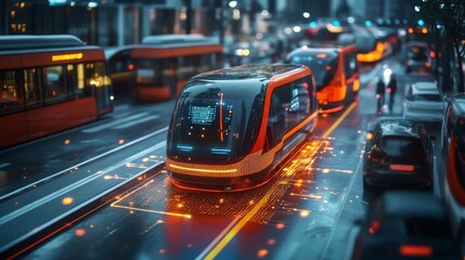 AI-Powered Autonomous Public Transportation Vehicles: Public transport vehicles operating autonomously in a smart city environment.