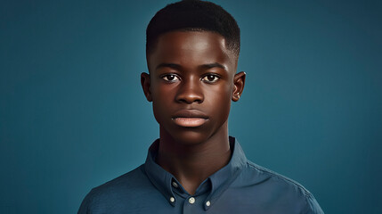 Obraz premium Portrait of a happy cheerful serious, troubled African American teenager guy with perfect skin, dark blue background, banner.