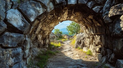 A stone archway leads to a path through a green, mountainous landscape.