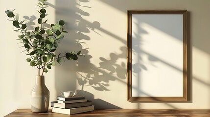 Empty wooden picture frame poster mockup hanging on beige wall background Vase with green eucalyptus tree branches on table Cup of coffee books Working space home office Modern art dis : Generative AI