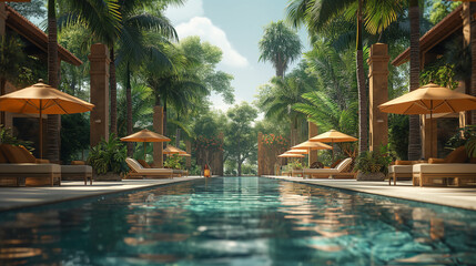 Fototapeta premium A picture of a swimming pool surrounded by palm trees and lounge chairs