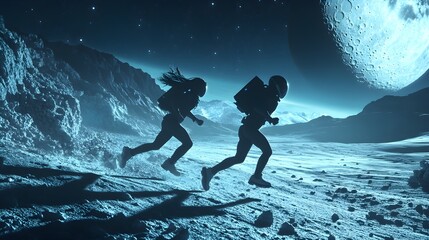 Astronauts Running on the Moon Surface at Night