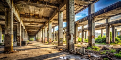 Tilted concrete columns amidst urban decay