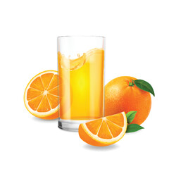 Orange fruit with realistic drinking glass of orange juice. Isolated fruits on white background