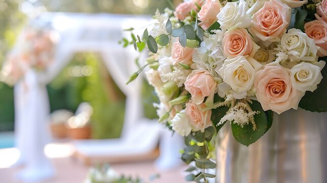 Jewish bride wedding chair chuppah at wedding day ceremony Bouquets Flowers and vases with chaise lounge : Generative AI