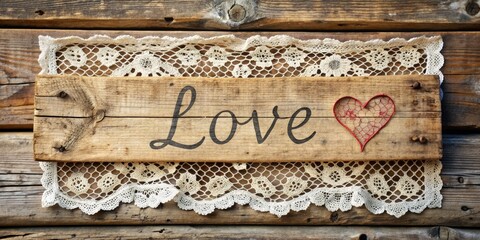 Vintage lace wrapped around rustic wooden sign with handwritten love quote