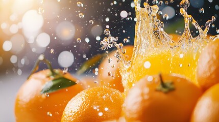 Slow-motion shot of orange juice creating a dramatic splash, with the vibrant liquid contrasting against a clean background