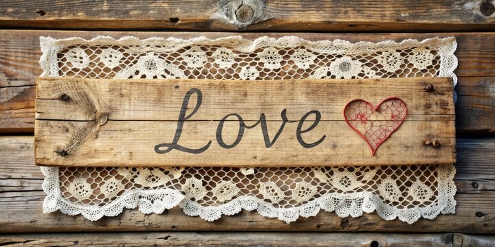 Vintage lace wrapped around rustic wooden sign with handwritten love quote