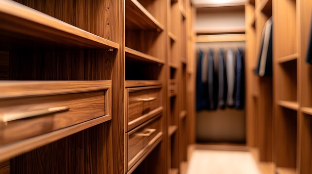 Spacious and elegant walk-in closet featuring walnut wood cabinetry and shelving, set against soft beige walls for a timeless, refined look