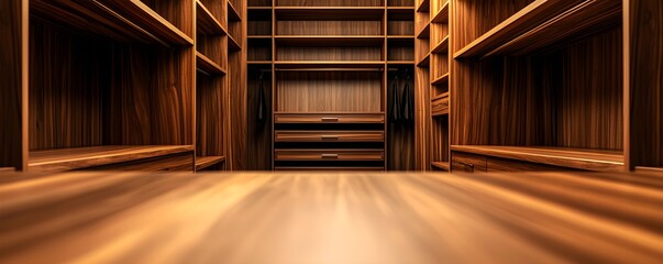 Stylish walk-in closet design with walnut wood shelves and cabinetry, harmonized with soft beige walls for a classic and sophisticated feel