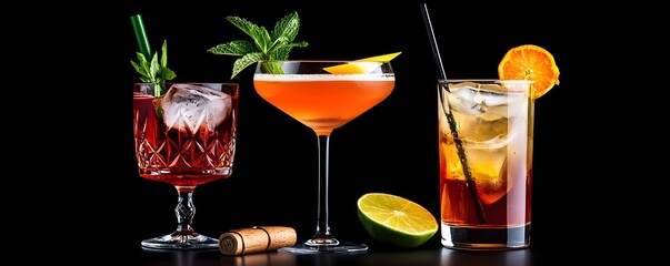 Stylish arrangement of classic cocktails against a black background, with dramatic lighting accentuating the glassware and ingredients