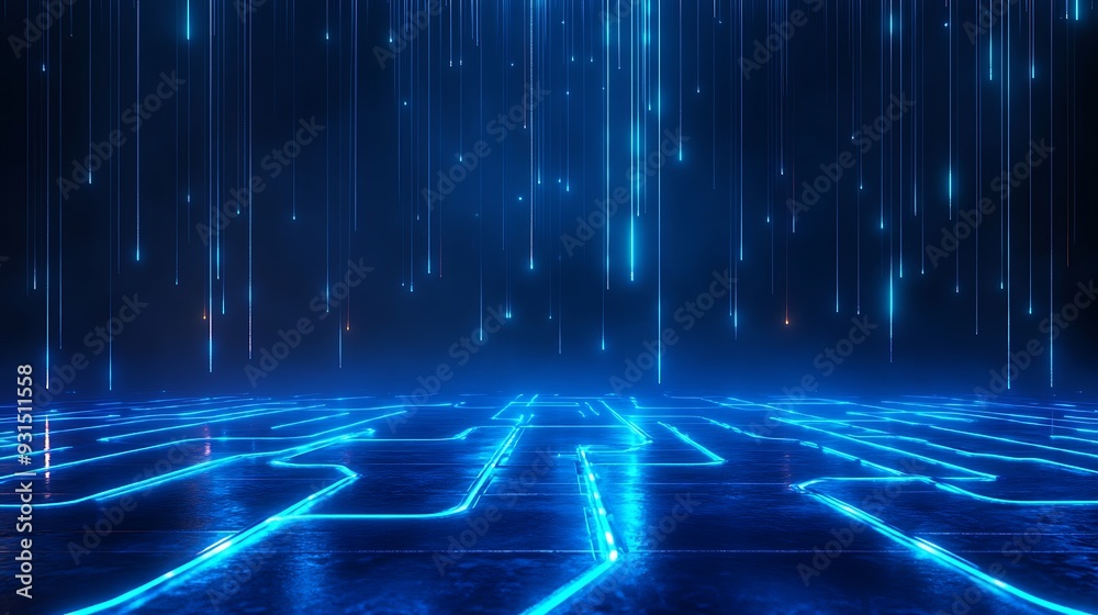 Poster futuristic digital blue grid with glowing lines and falling binary code, perfect for technology and 