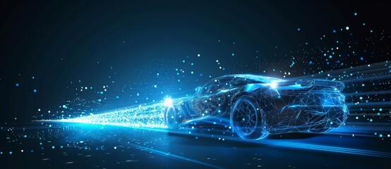 A futuristic wireframe of a car concept on a blue background.