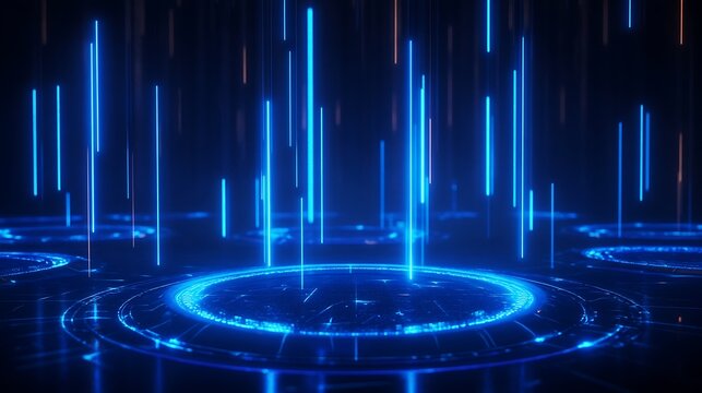Futuristic digital blue holographic interface with glowing neon lines and circles. Perfect for technology, science fiction, and virtual reality concepts.