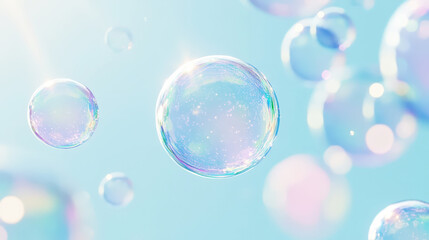 Aesthetic transparent soap bubbles floating on pastel blue background. Detergents and cleaning products. Generative AI