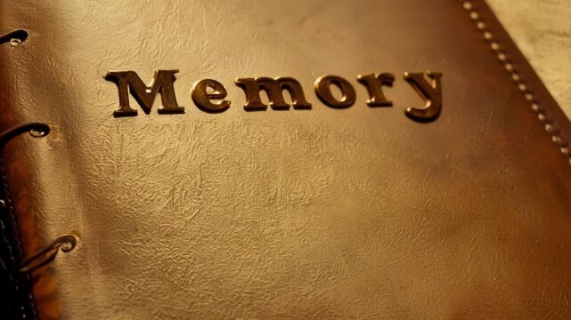 Close up of a brown leather bound diary with the word memory embossed on the cover, being touched by fingers. The warm lighting evokes a sense of nostalgia and the importance of preserving memories