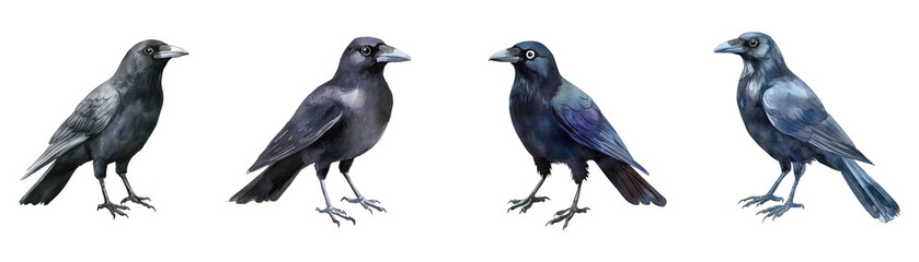 Collection of watercolor birds crows png. Raven, raven, rook, or jackdaw. Halloween symbols. Vector illustration.