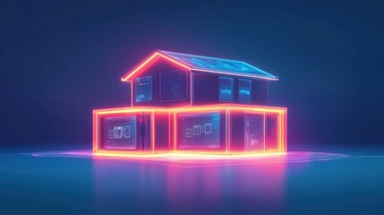 A futuristic neon house illuminated with vibrant colors, showcasing modern architecture and innovative design in a digital landscape.