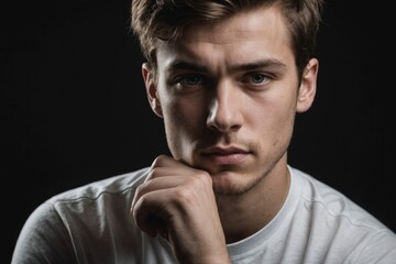Fototapeta premium Close-up of young content man resting chin on fist, low key, black and white