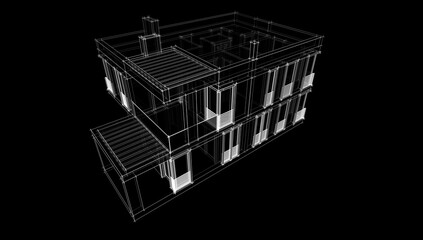 Linear architectural drawing of a building on black background