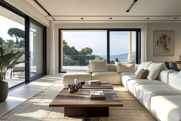 Fototapeta premium Modern living room interior with ocean view