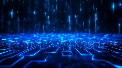 Futuristic digital blue technology background with glowing lines, circuits, and matrix effect, representing data, networking, and communication.