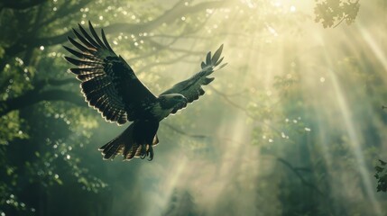 Obraz premium Stunning image of a buzzard flying between trees in the forest with its wings spread.
