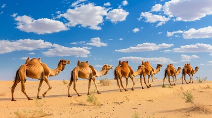 Fototapeta premium Several camels walking together in a warm sand desert. Stock photo.