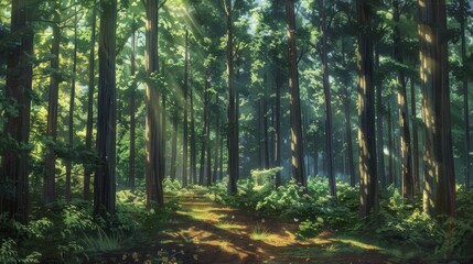 Obraz premium Stock photo of the morning in the green forest with sunlight.