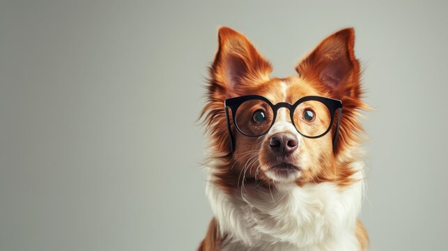 Stock image of funny cute smart dog stylist with glasses on white background.
