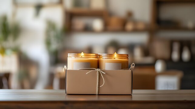 A sleek, eco-friendly artisanal candle subscription box with a kraft paper exterior and a simple, natural twine closure, featuring a collection of candles with organic, hand-crafted labels, set