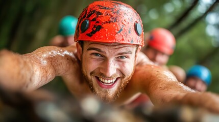 A group of friends tackling a challenging obstacle course, their shared laughter and supportive spirit highlighting the importance of unity in overcoming obstacles.