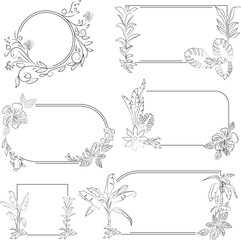floral frames with flowers branch and leaves, Hand drawn in thin line style