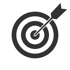 Target graphic icon. Arrow hit the target bullseye. Sign isolated on white background. Vector illustration