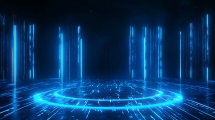 Futuristic digital glowing blue circle platform with vertical light beams in a dark virtual space. High-tech neon sci-fi background.