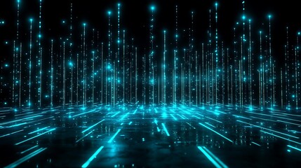 Futuristic digital glowing blue lines and dots on a dark background, abstract virtual technology concept.